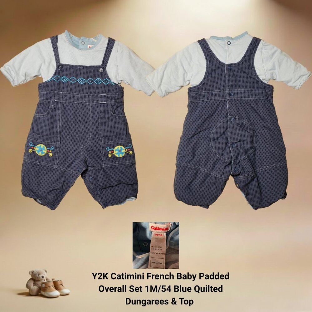 Y2K Catimini Baby Padded Overall Set 1M/54 Blue Quilted Dungarees & Top – EUC